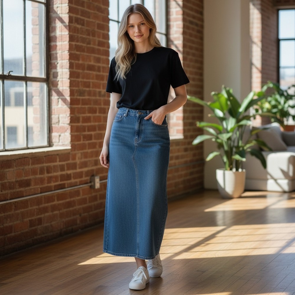 Vintage Prairie Denim Maxi Skirt Medium Wash High Waist USA Made Cotton 12/ 14 - Picture 6 of 7